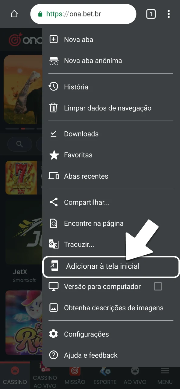 Selecione a opção de adicionar a OnaBet.