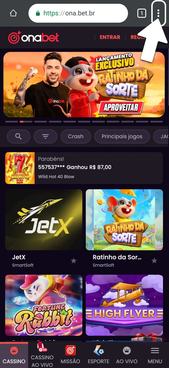Toque nos três pontos e acesse a OnaBet.