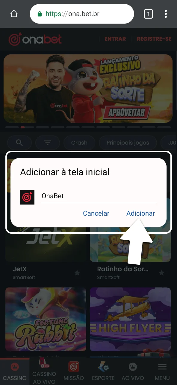 Confirme a adição do app OnaBet.