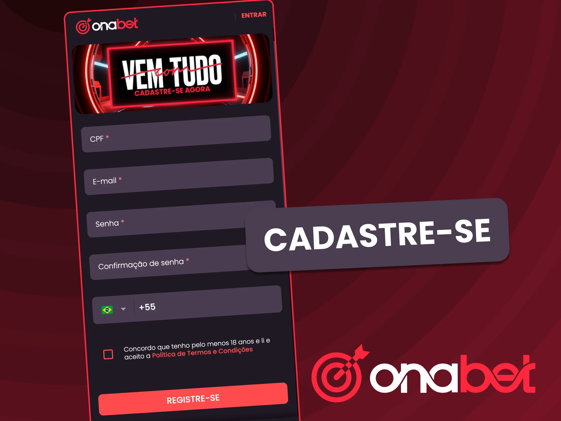 Crie sua conta na OnaBet inserindo seu CPF e e-mail.