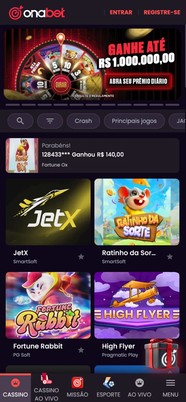 Acesse a tela inicial do app OnaBet.