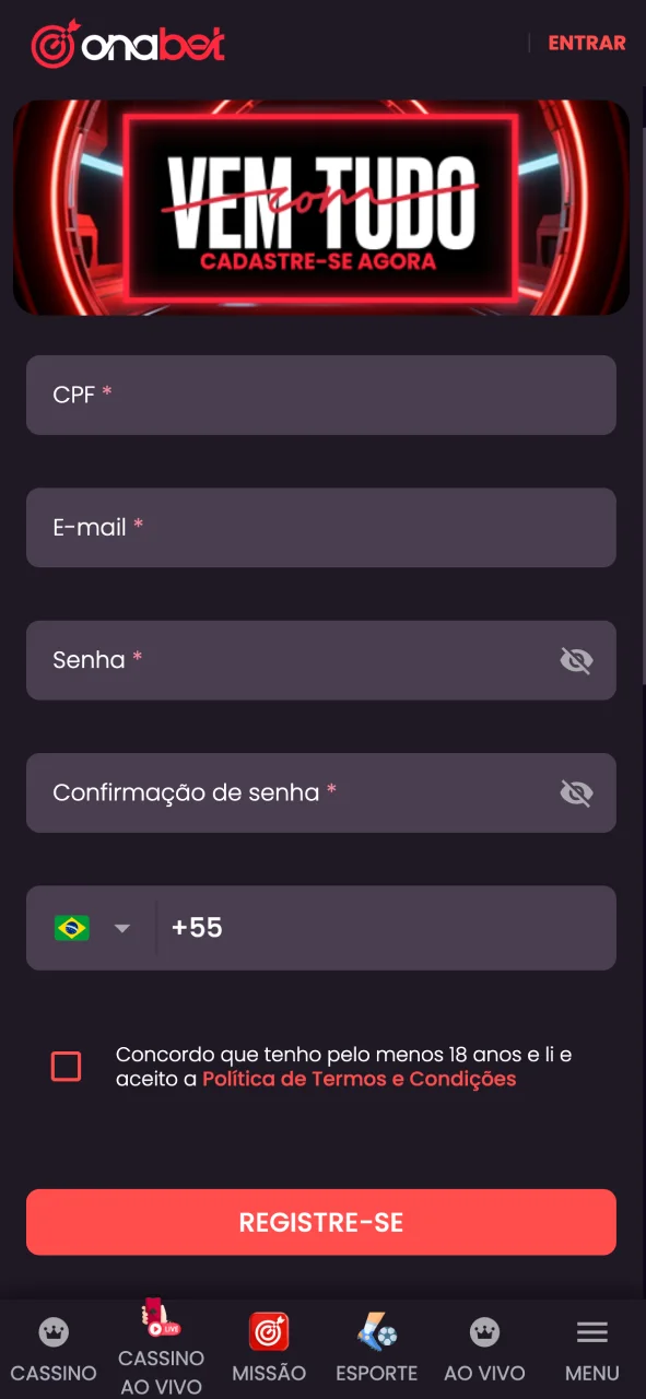 Crie sua conta pelo app da OnaBet.