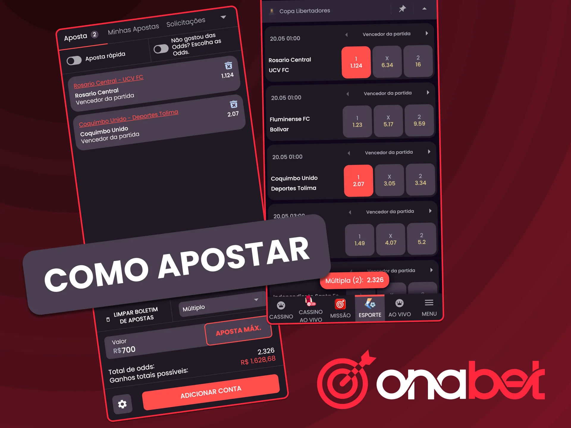 Selecione esportes e mercados de apostas no app da OnaBet.
