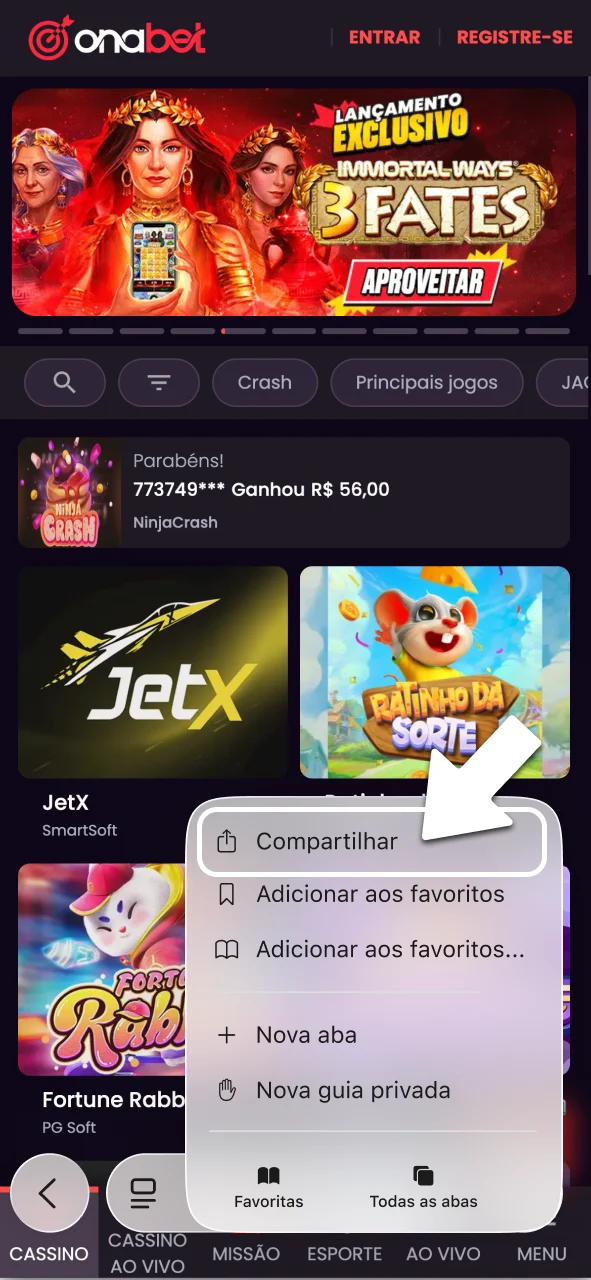 Pressione o botão compartilhar da OnaBet.