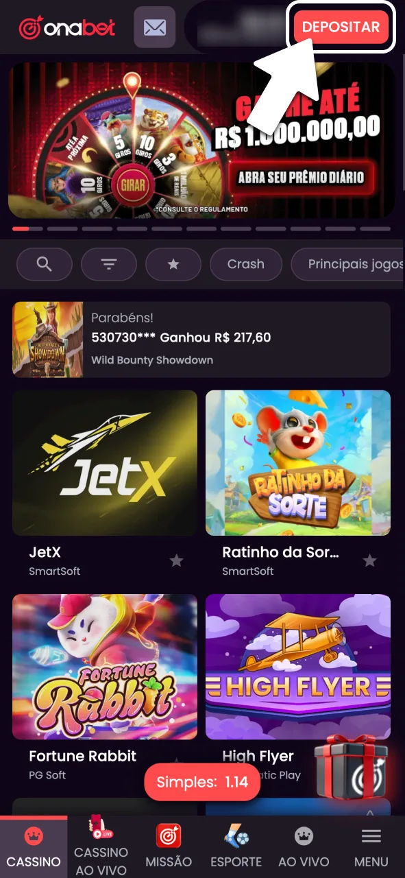 Pressione o botão de depósito na OnaBet.
