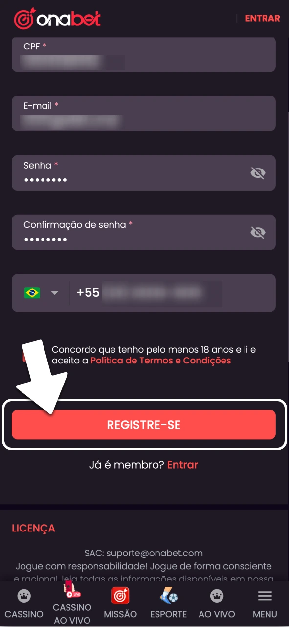 Preencha seus dados para entrar na OnaBet.