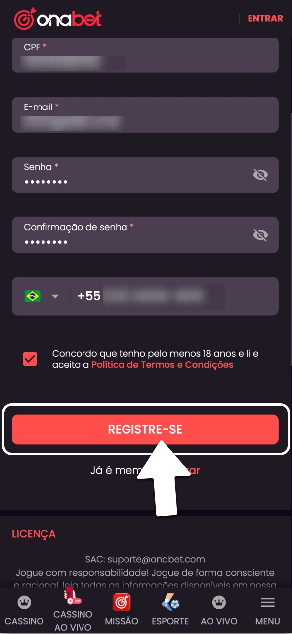Preencha seu CPF e e-mail no cadastro da OnaBet.