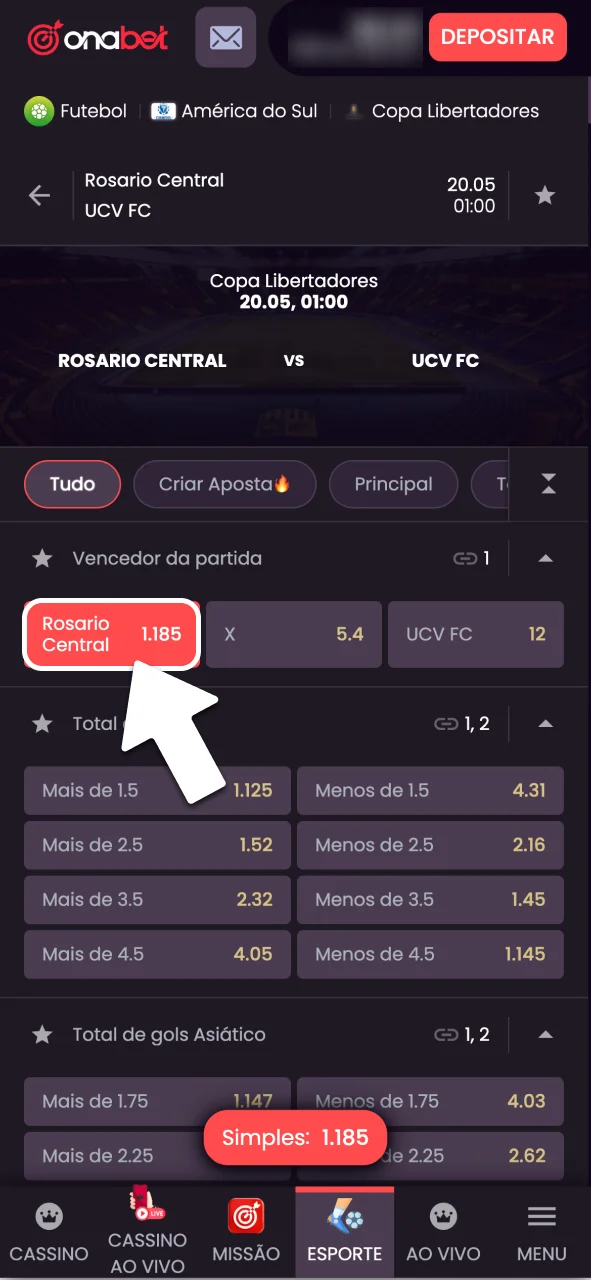 Selecione o evento desejado na OnaBet.