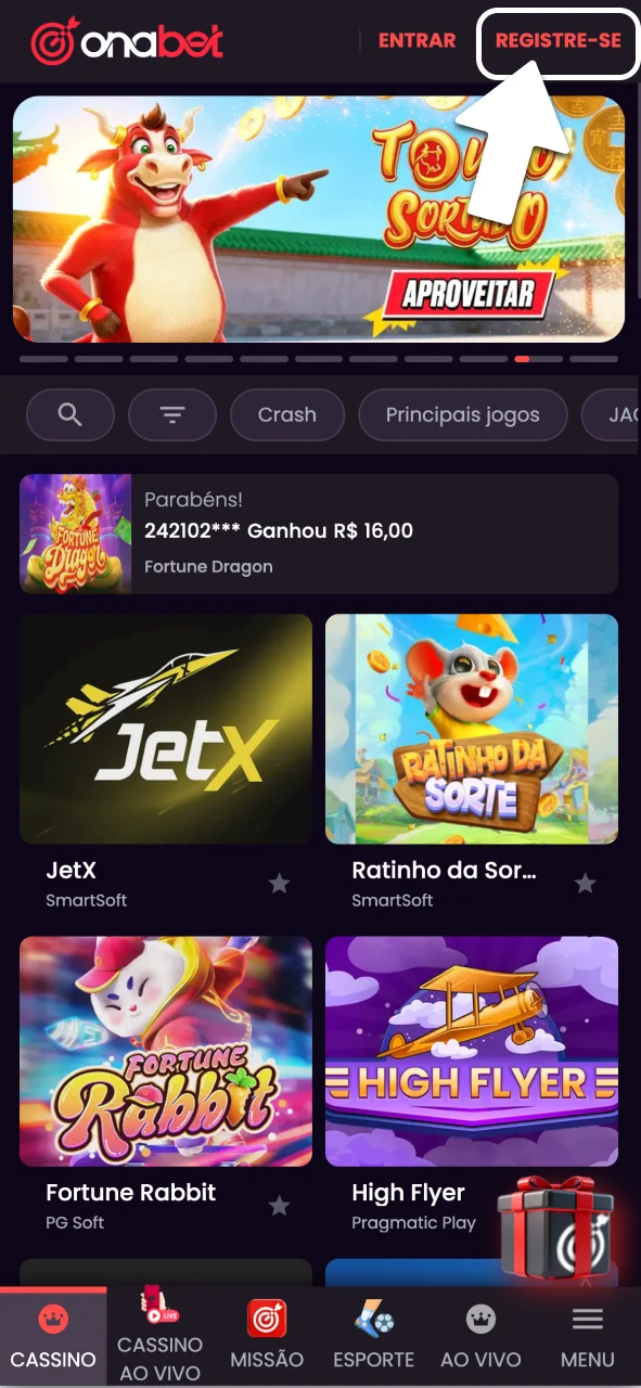 Clique em registre-se e entre na OnaBet.