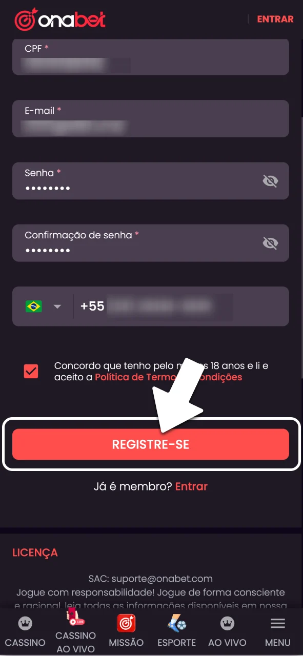 Aceite os termos e finalize na OnaBet.