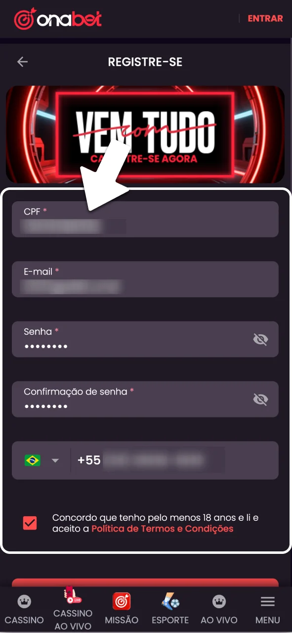 Insira seus dados e registre-se na OnaBet.