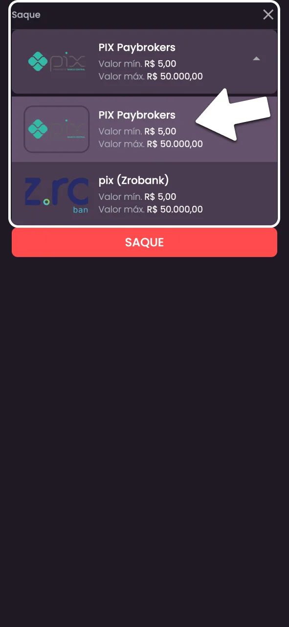 Selecione a opção de saque na OnaBet.