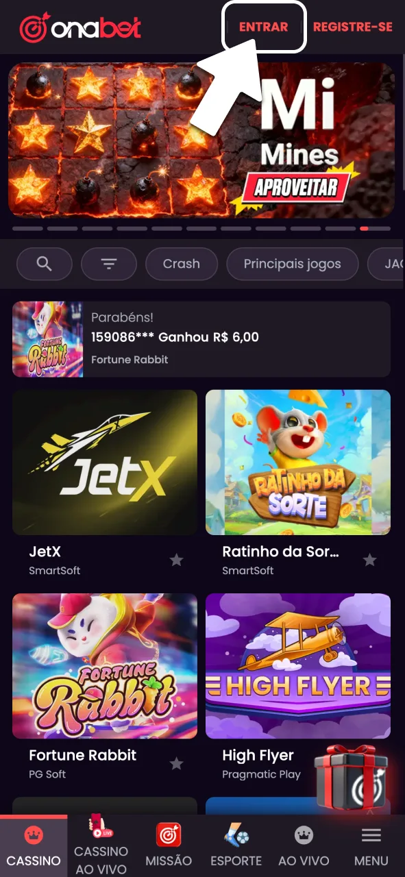 Pressione o botão de login na OnaBet.