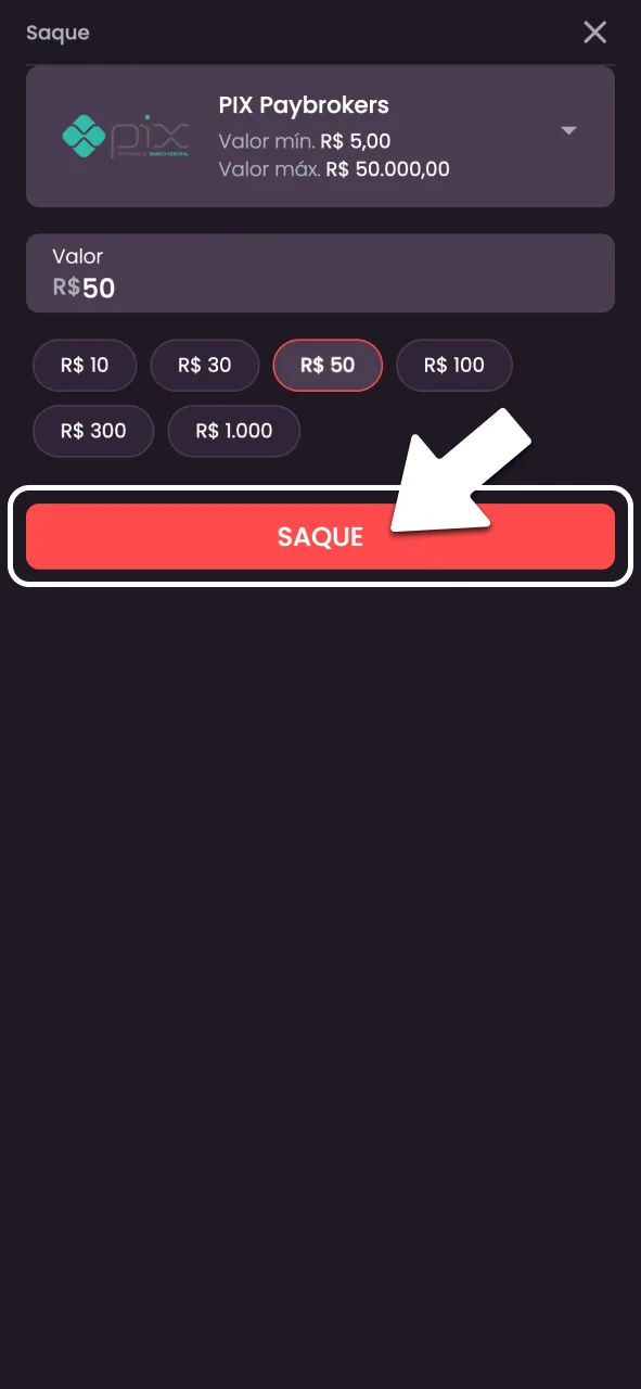 Escolha o valor que deseja sacar na OnaBet.