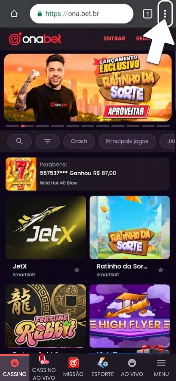Toque nos três pontos e acesse a OnaBet.