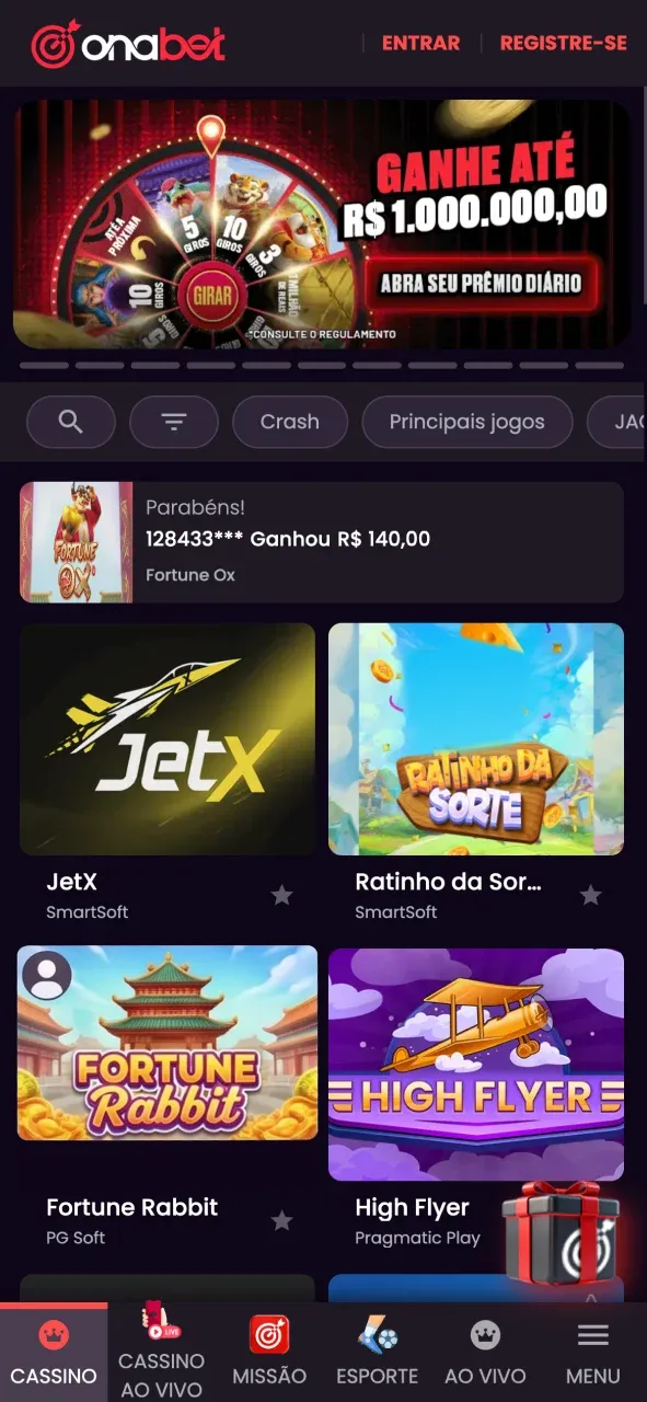 Acesse a tela inicial do app OnaBet.
