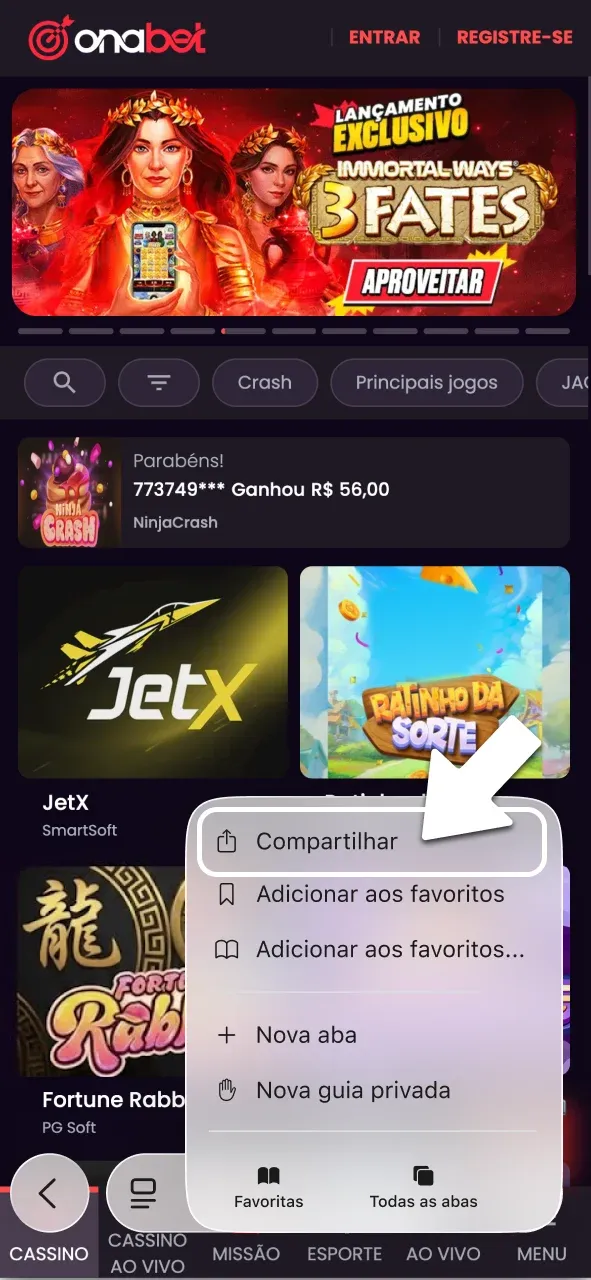 Pressione o botão compartilhar da OnaBet.