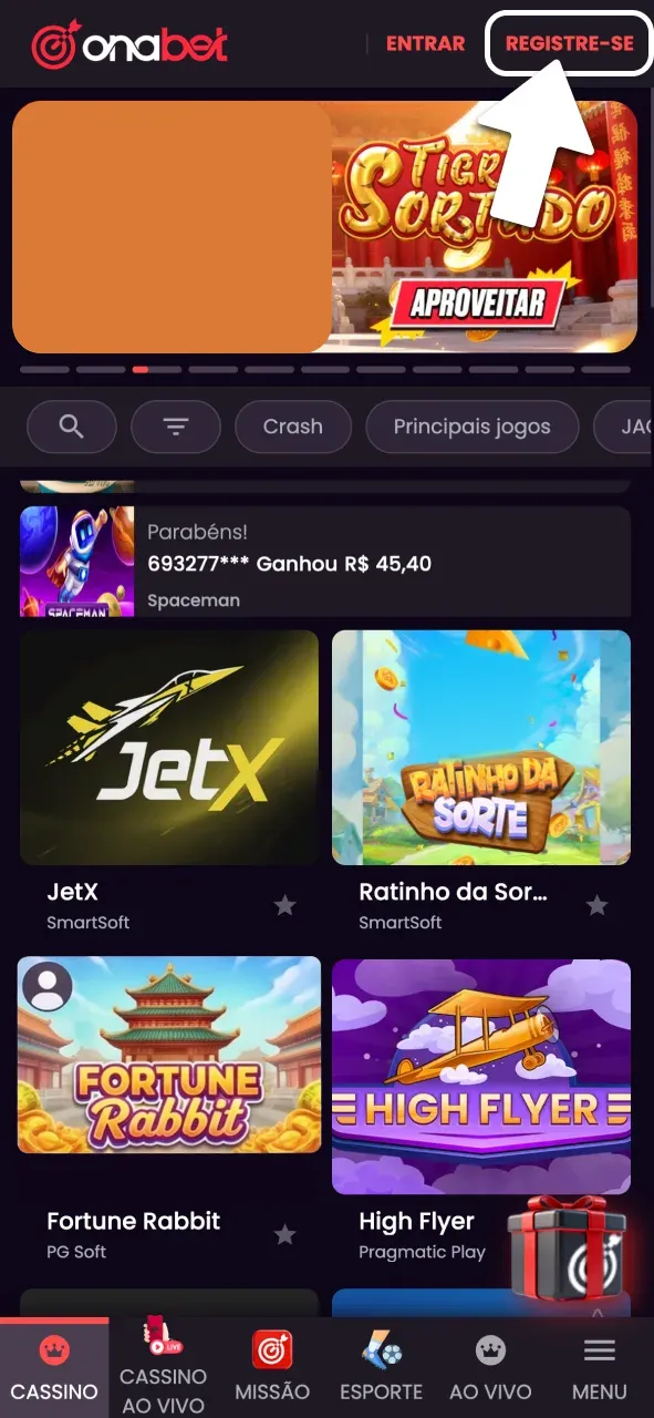 Pressione registre-se e entre na OnaBet.