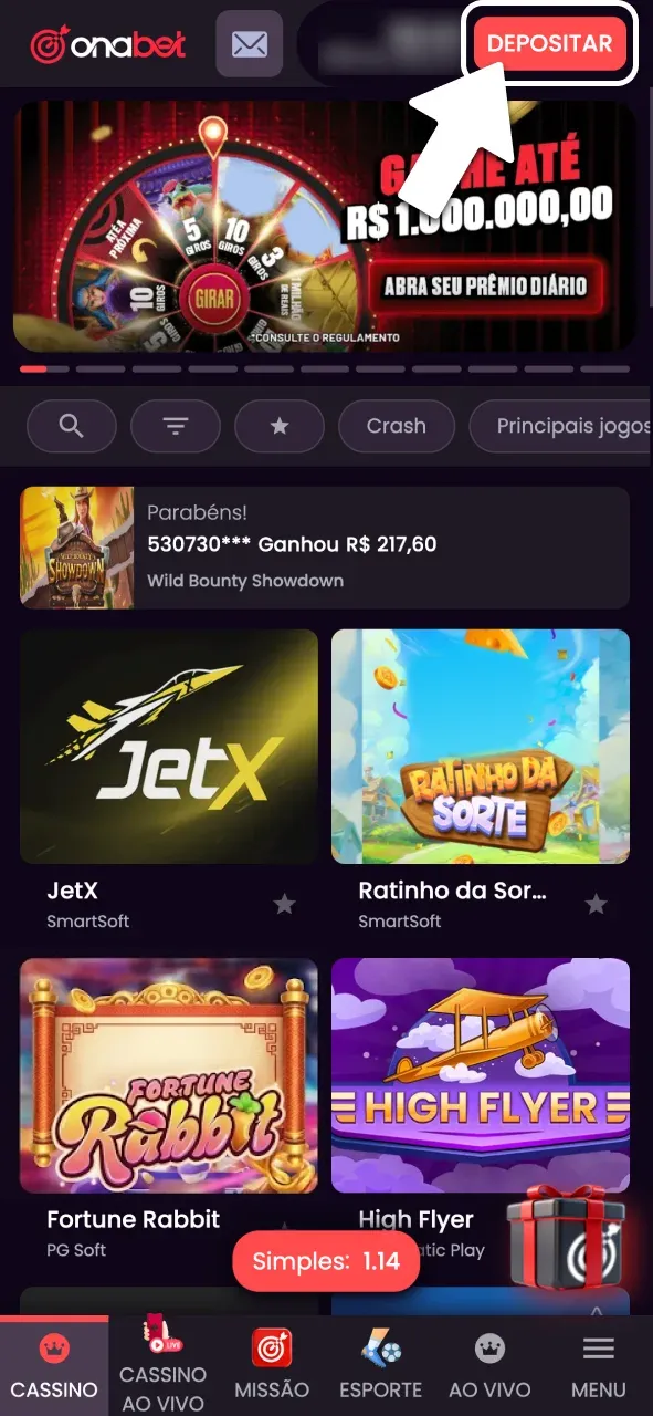 Pressione o botão de depósito na OnaBet.