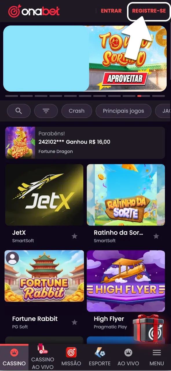 Clique em registre-se e entre na OnaBet.