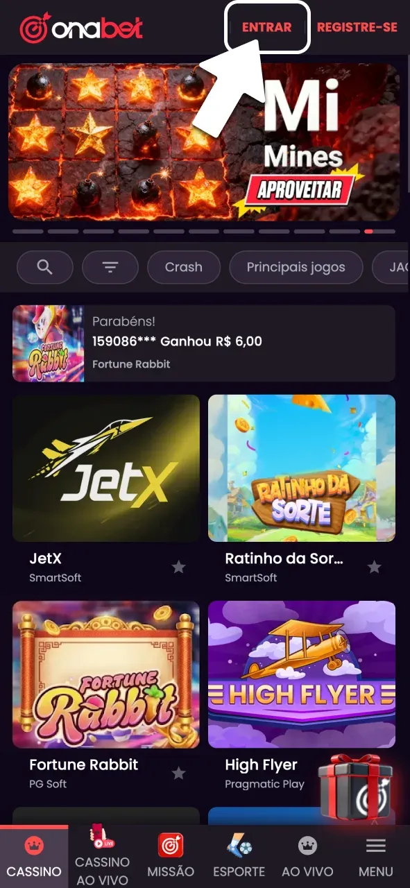 Pressione o botão de login na OnaBet.