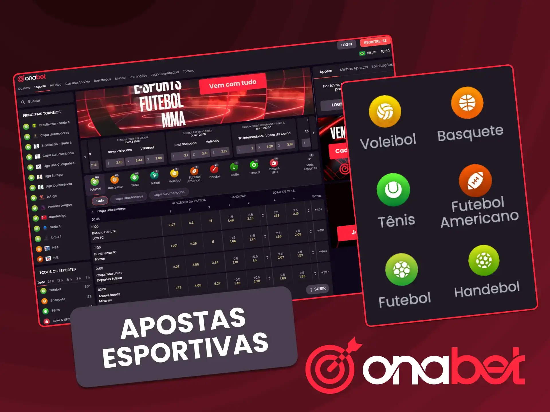 Explore mercados esportivos da OnaBet com opções para pré jogo e apostas ao vivo.